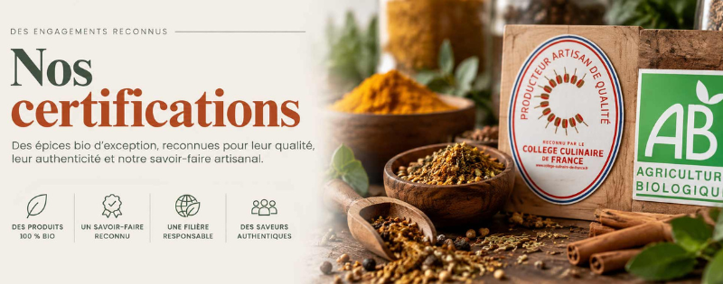 Banner announcing organic certifications with spices and 'AB Agriculture Biologique' logo on the right.