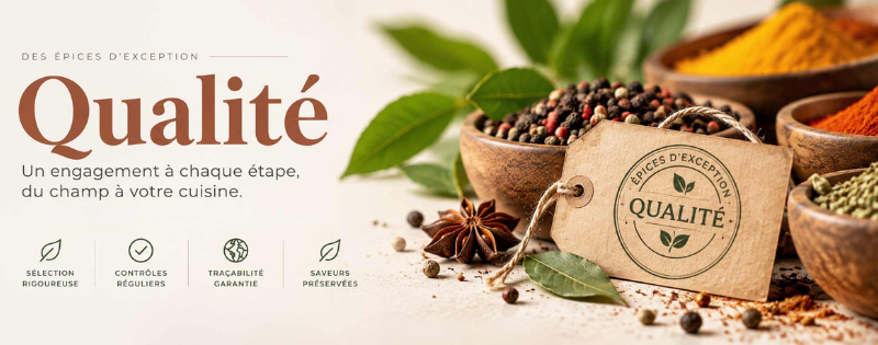 Brand banner for Qualité spices with bowls of spices, a circular Qualité tag, and the French slogan about commitment from field to kitchen.