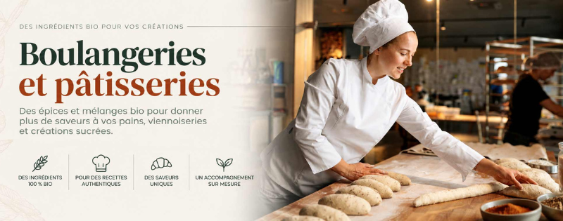French bakery banner reading 'Boulangeries et pâtisseries' with a female baker shaping dough in a professional kitchen on the right side.