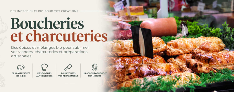 Bannière publicitaire pour boucheries et charcuteries avec texte à gauche et étalage de viandes grillées à droite.