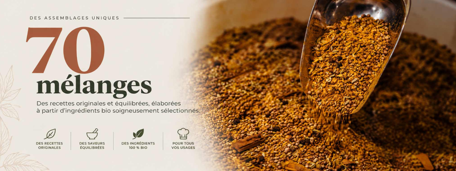 Left side shows the bold text '70 mélanges' with a French subtitle about original, balanced recipes; a scoop pours golden brown spice mix on the right.