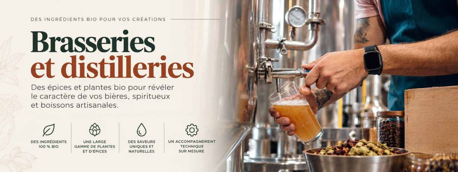 Banner for Brasseries et distilleries with large French title on the left and a hand pouring beer from a tap into a glass on the right.